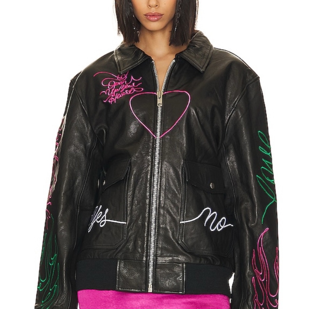 UNDERSTATED LEATHER Jacket with Pink Heart Embroidery “WONT BACK DOWN”🥷🤍 - Picture 10 of 10
